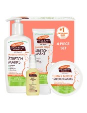 Benefits:

From the #1 brand for stretch marks, this 4-piece set includes Massage Lotion, Cream, Tummy Butter Solid Balm and a bonus Skin Therapy Oil.
Massage Lotion for Stretch Marks, which can be used in place of your regular moisturizer, is an all-over body lotion that helps visibly improve elasticity and reduce the appearance of stretch marks.
Massage Cream for Stretch marks is a super targeted cream concentrate that is ideal for stretch mark prone areas such as your tummy, thighs, hips & bust. This is best to layer over your Palmer's Massage Lotion. 
The Tummy Butter for Stretch Marks, which is best used at nighttime or whenever your skin needs more thorough care, is an intensive treatment solid balm widely recommended for stretch marks during or after pregnancy or weight fluctuations.
Skin Therapy Oil for body helps to improve the appearance of scars, stretch marks, dry, damaged skin, uneven skin tone, aging skin & fine lines and wrinkles. This preservative-free, lightweight, non-greasy formula will help leave your skin looking and feeling instantly soft and smooth.
Made with plant based ingredients for beautiful skin, all Palmer's stretch mark products are hypoallergenic & free of mineral oil, parabens, phthalates, fragrance allergens & artificial dyes

Palmer's Cocoa Butter Formula Complete Stretch Mark Care Kit provides a pre-natal skincare regimen that helps to visibly improve skin elasticity and reduce the appearance of stretch marks that occur during and after pregnancy, or due to significant fluctuations in weight.   