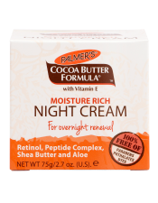 Benefits:

Natural Cocoa Butter, Retinol and Vitamin E promote softer, smoother skin overnight
Nightly use leaves skin looking more radiant, youthful and healthy
Non-comedogenic
Dermatologist Tested
Safe for Sensitive Skin

 
Palmer's Cocoa Butter Formula Moisture Rich Night Cream helps skin to regenerate while you sleep. Containing Natural Cocoa Butter, Retinol and antioxidant Vitamin E, this unique formula promotes softer, smoother skin overnight. Nightly use leaves skin looking more radiant, youthful and healthy.
 