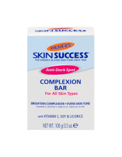 Benefits:

Brightens & balances complexion
Cleanses skin without overdrying
Formulated to work with Palmer's Anti-Dark Spot products to achieve your most even skin tone
Free of sulfates, parabens, phthalates and dyes
Not tested on animals

 
Palmer's Skin Success Anti-Dark Spot Complexion Bar is a gentle cleansing bar that not only creates the ideal surface texture for receiving the maximum benefits for our tone correcting treatments, but also contains natural pigment-perfecting ingredients and enhanced moisturizers. With daily use, skin is visibly transformed into luminous, balanced perfection. 