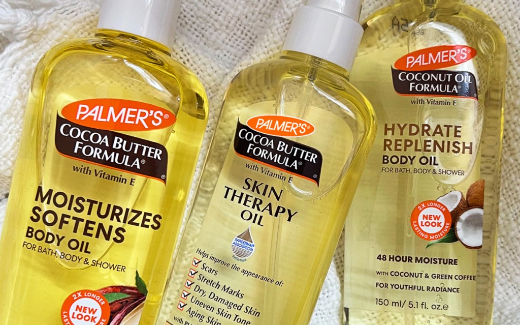 Close-up of the best body oils for glowing skin, Palmer's Body Oils, on a table 