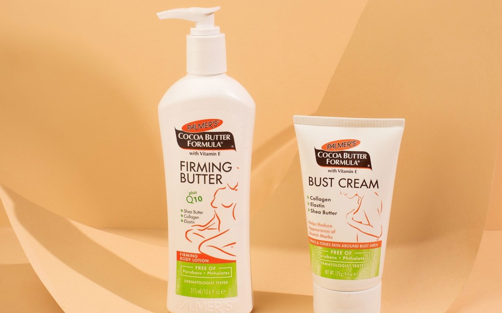 How to Tighten Saggy Skin with Palmer's Firming Products, on a beige backgrounduy